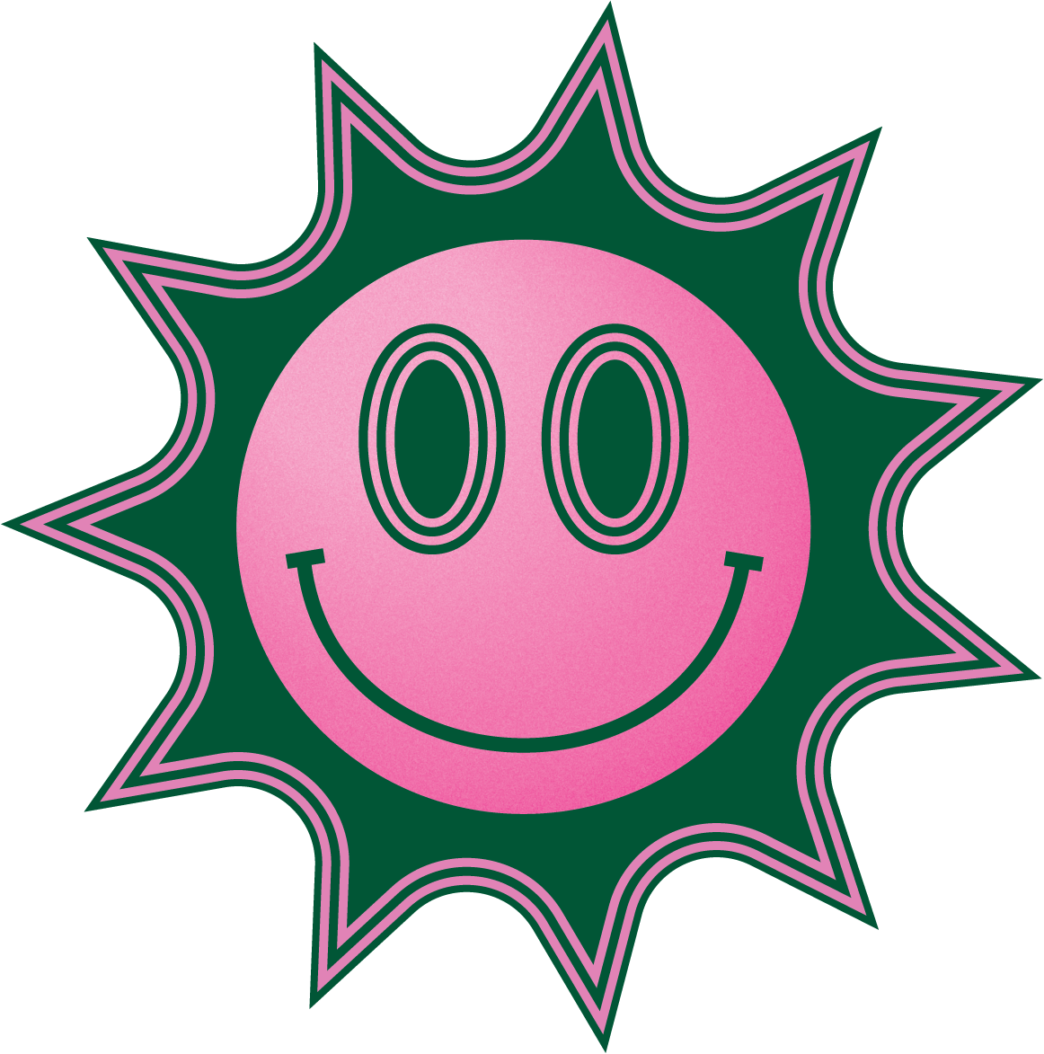 The Lux Pacifica logo, a stylized smiley face with sun-like rays surrounding it. The face is a gradient from light pink to darker pink, and the eyes and mouth are green, with two additional circles surrounding each eye.
